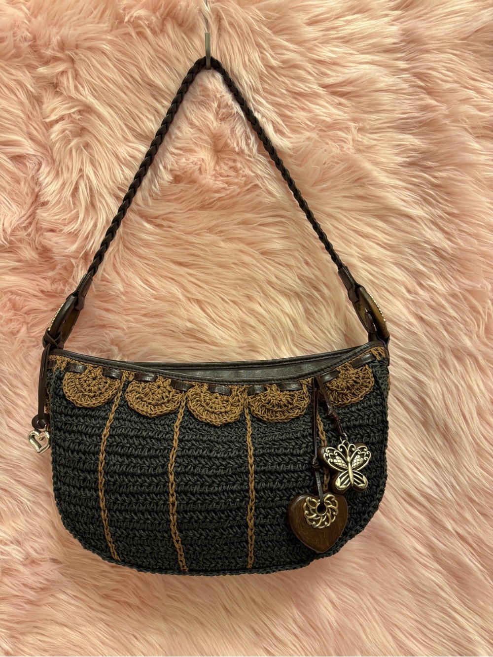 Brighton Black and Brown Woven Shoulder Bag with Charms